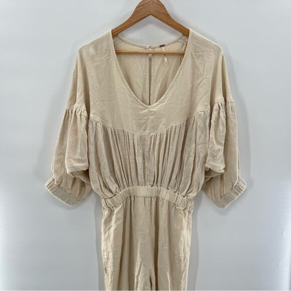 Free People Cream Linen Blend Boho Relaxed Fit Jumpsuit Size S Preppy Natural - Picture 4 of 16